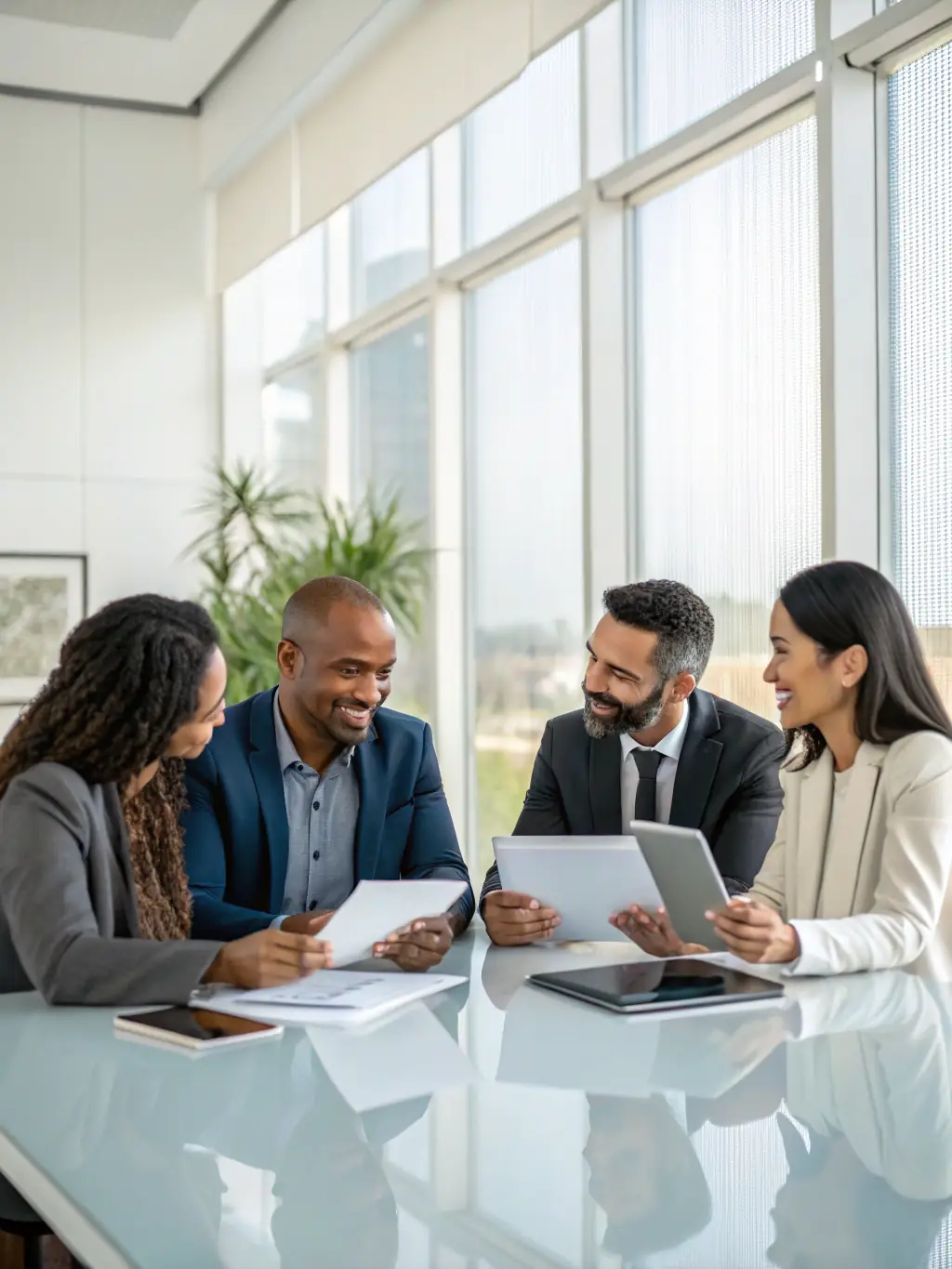 A group of employees discussing their health insurance benefits with a representative from Integral Insurance Agency, emphasizing the value of group health solutions.