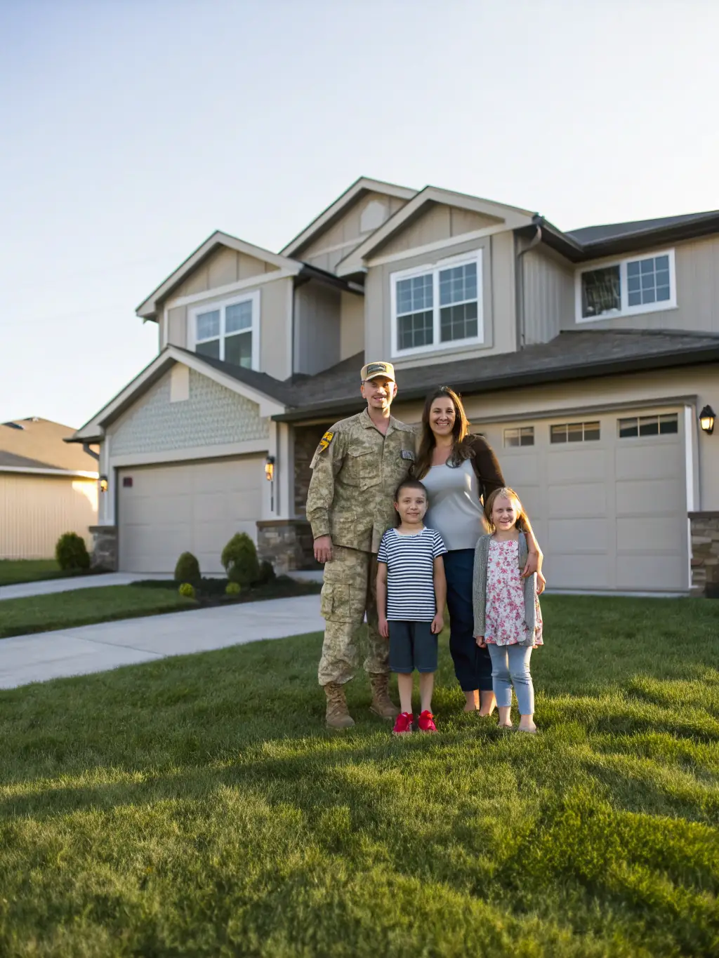 A happy family, including parents and children, standing in front of their house, representing the beneficiaries of a whole life insurance policy.