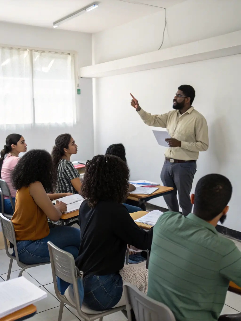 A diverse group of people attending a life insurance workshop, led by an Integral Insurance agent, in a modern and well-lit classroom setting.